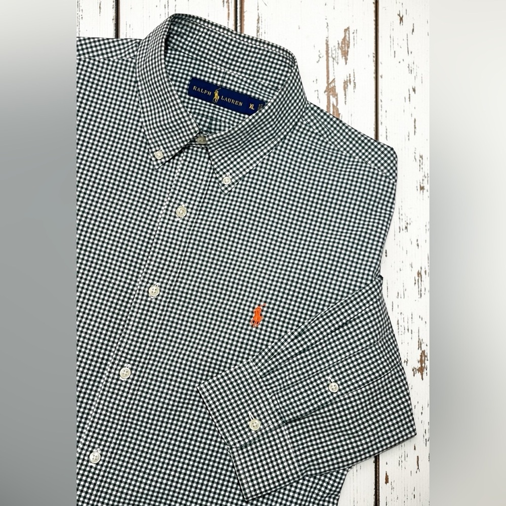 Ralph Lauren XL Forest Green Gingham Button Down Shirt Preppy Classic Pony Logo